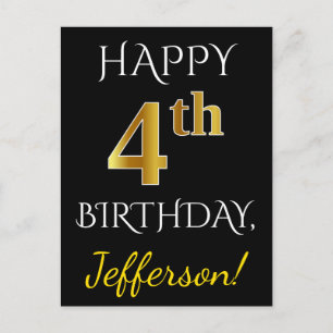 Zwart, Faux Gold 4th Birthday + Eigen naam Briefkaart