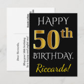 Zwart, Faux Gold 50ste verjaardag + aangepaste naa Briefkaart (Voorkant / Achterkant)