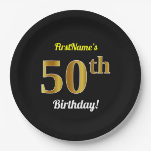 Zwart, Faux Gold 50th Birthday + Aangepaste naam Papieren Bordje