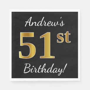 Zwart, Faux Gold 51st verjaardag + Aangepaste naam Servet