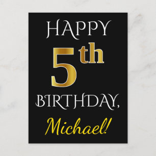 Zwart, Faux Gold 5th Birthday + Eigen naam Briefkaart