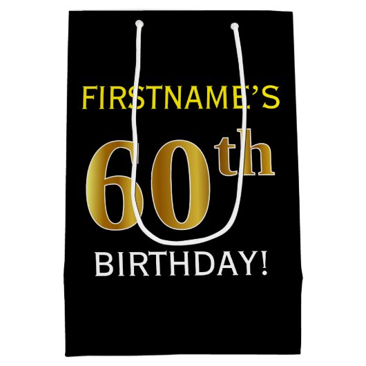 Zwart, Faux Gold 60th Birthday + Aangepaste naam Medium Cadeauzakje (Achterkant)