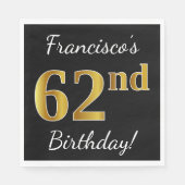 Zwart, Faux Gold 62e verjaardag + Aangepaste naam Servet (Voorkant)