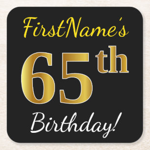 Zwart, Faux Gold 65th Birthday + Eigen naam Vierkante Kartonnen Onderzetter