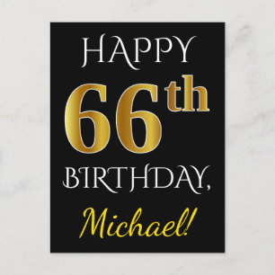 Zwart, Faux Gold 66th Birthday + Aangepaste naam Briefkaart