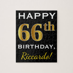 Zwart, Faux Gold 66th Birthday + Aangepaste naam Legpuzzel