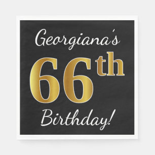 Zwart, Faux Gold 66th Birthday + Aangepaste naam Servet