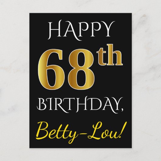 Zwart, Faux Gold 68th Birthday + Aangepaste naam Briefkaart (Voorkant)