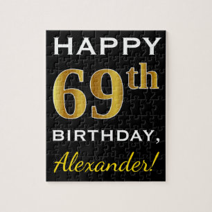 Zwart, Faux Gold 69th Birthday + Aangepaste naam Legpuzzel