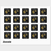 Zwart, Faux Gold 6th Birthday + Aangepaste naam Vierkante Sticker (Vel)