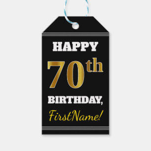 Zwart, Faux Gold 70th Birthday + Aangepaste naam Cadeaulabel
