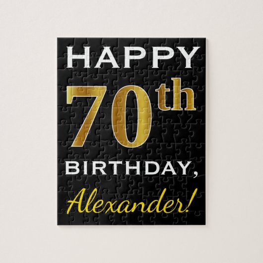Zwart, Faux Gold 70th Birthday + Aangepaste naam Legpuzzel (Verticaal)
