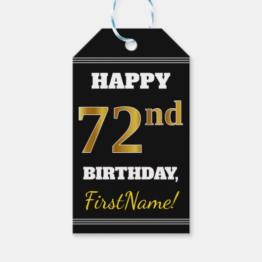Zwart, Faux Gold 72e verjaardag + Aangepaste naam Cadeaulabel (Voorkant)