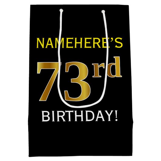 Zwart, Faux Gold 73rd Birthday + Aangepaste naam Medium Cadeauzakje (Achterkant)
