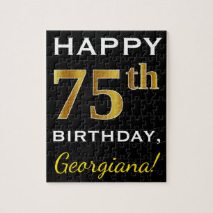 Zwart, Faux Gold 75th Birthday + Eigen naam Legpuzzel