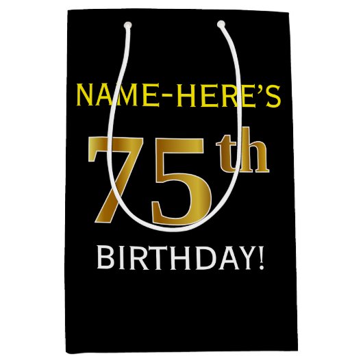 Zwart, Faux Gold 75th Birthday + Eigen naam Medium Cadeauzakje (Voorkant)