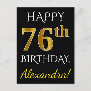 Zwart, Faux Gold 76th Birthday + Aangepaste naam Briefkaart
