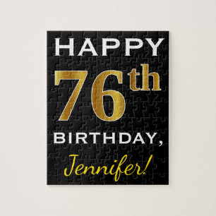 Zwart, Faux Gold 76th Birthday + Aangepaste naam Legpuzzel