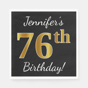 Zwart, Faux Gold 76th Birthday + Aangepaste naam Servet
