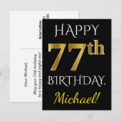 Zwart, Faux Gold 77th Birthday + Aangepaste naam Briefkaart (Voorkant / Achterkant)
