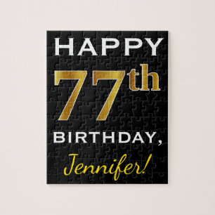 Zwart, Faux Gold 77th Birthday + Aangepaste naam Legpuzzel