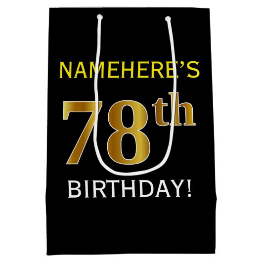 Zwart, Faux Gold 78th Birthday + Aangepaste naam Medium Cadeauzakje (Achterkant)