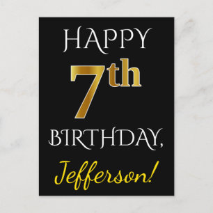 Zwart, Faux Gold 7th Birthday + Eigen naam Briefkaart