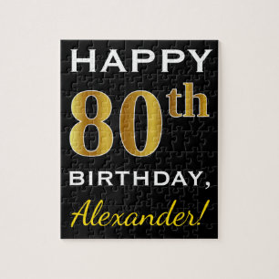 Zwart, Faux Gold 80th Birthday + Aangepaste naam Legpuzzel