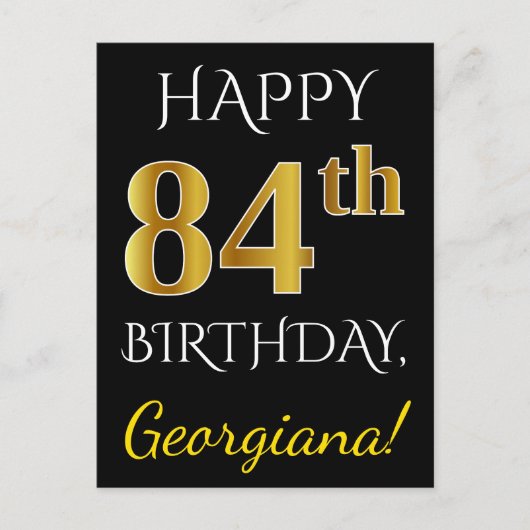 Zwart, Faux Gold 84th Birthday + Eigen naam Briefkaart (Voorkant)