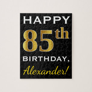 Zwart, Faux Gold 85th Birthday + Eigen naam Legpuzzel