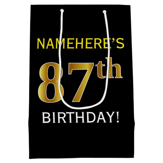Zwart, Faux Gold 87th Birthday + Eigen naam Medium Cadeauzakje (Achterkant)