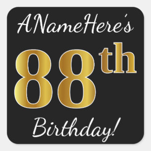 Zwart, Faux Gold 88th Birthday + Eigen naam Vierkante Sticker