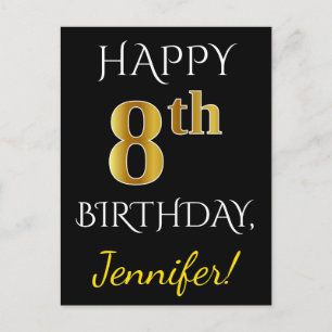 Zwart, Faux Gold 8th Birthday + Eigen naam Briefkaart