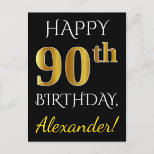 Zwart, Faux Gold 90th Birthday + Aangepaste naam Briefkaart