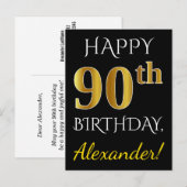 Zwart, Faux Gold 90th Birthday + Aangepaste naam Briefkaart (Voorkant / Achterkant)