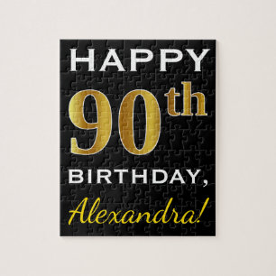 Zwart, Faux Gold 90th Birthday + Aangepaste naam Legpuzzel
