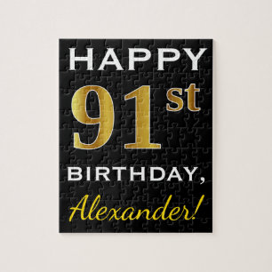 Zwart, Faux Gold 91st verjaardag + Aangepaste naam Legpuzzel