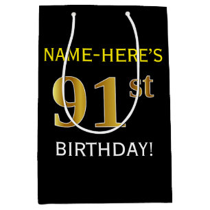 Zwart, Faux Gold 91st verjaardag + Aangepaste naam Medium Cadeauzakje