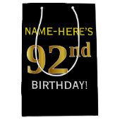 Zwart, Faux Gold 92e verjaardag + Aangepaste naam Medium Cadeauzakje (Voorkant)