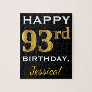 Zwart, Faux Gold 93rd Birthday + Aangepaste naam Legpuzzel