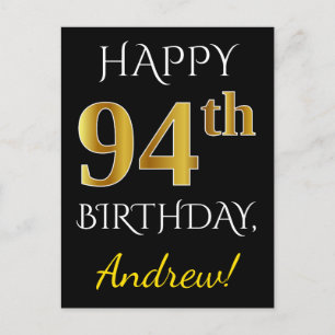 Zwart, Faux Gold 94th Birthday + Eigen naam Briefkaart
