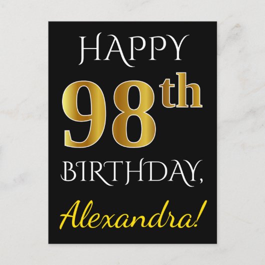 Zwart, Faux Gold 98th Birthday + Eigen naam Briefkaart (Voorkant)