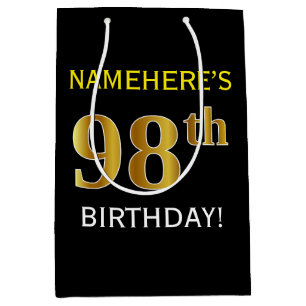 Zwart, Faux Gold 98th Birthday + Eigen naam Medium Cadeauzakje