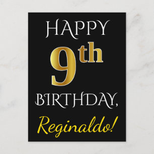 Zwart, Faux Gold 9th Birthday + Eigen naam Briefkaart