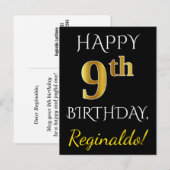Zwart, Faux Gold 9th Birthday + Eigen naam Briefkaart (Voorkant / Achterkant)