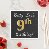 Zwart, Faux Gold 9th Birthday + Eigen naam Servetten (Insitu)