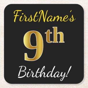 Zwart, Faux Gold 9th Birthday + Eigen naam Vierkante Kartonnen Onderzetter