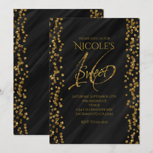 Zwart & Faux Gold Glitter Glamor SWEET 16 Zestien Kaart