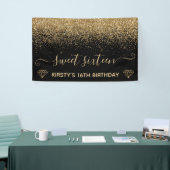 Zwart & Faux Gold Glitter Sweet 16 Spandoek (Beurs)