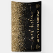 Zwart & Faux Gold Glitter Sweet 16 Spandoek (Verticaal)